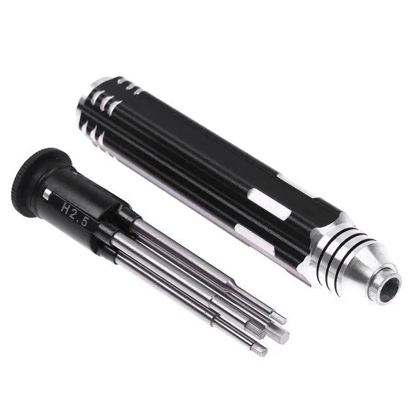 Black aluminium handle hex screwdriver set with four carbon steel bits for aeromodelling.