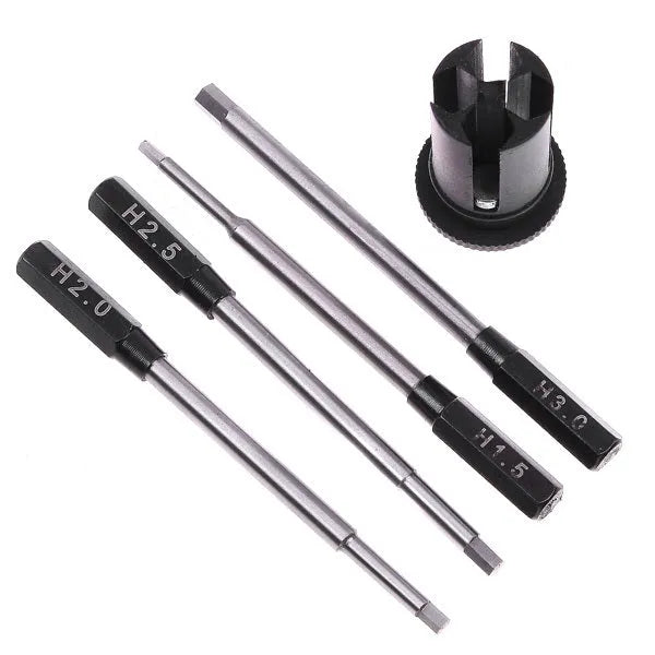 Black aluminium handle hex screwdriver set with four carbon steel bits for aeromodelling.