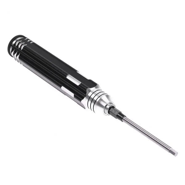 Black aluminium handle hex screwdriver set with four carbon steel bits for aeromodelling.