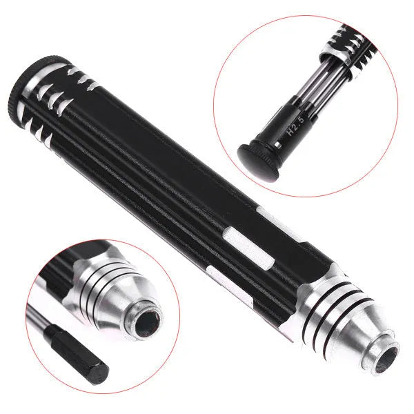 Black aluminium handle hex screwdriver set with four carbon steel bits for aeromodelling.