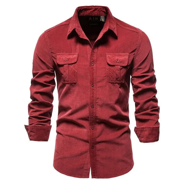 Men's long sleeve linen shirt in denim blue colour on a hanger