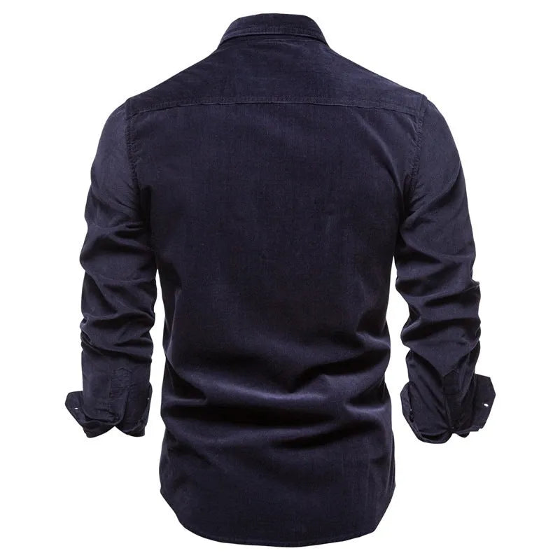 Men's long sleeve linen shirt in denim blue colour on a hanger
