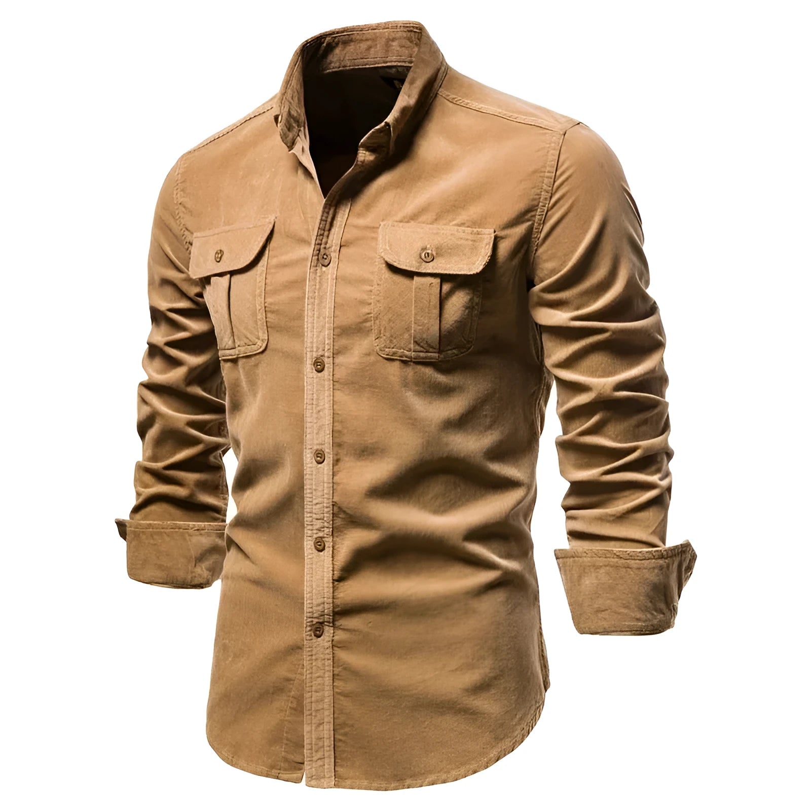 Men's long sleeve linen shirt in denim blue colour on a hanger