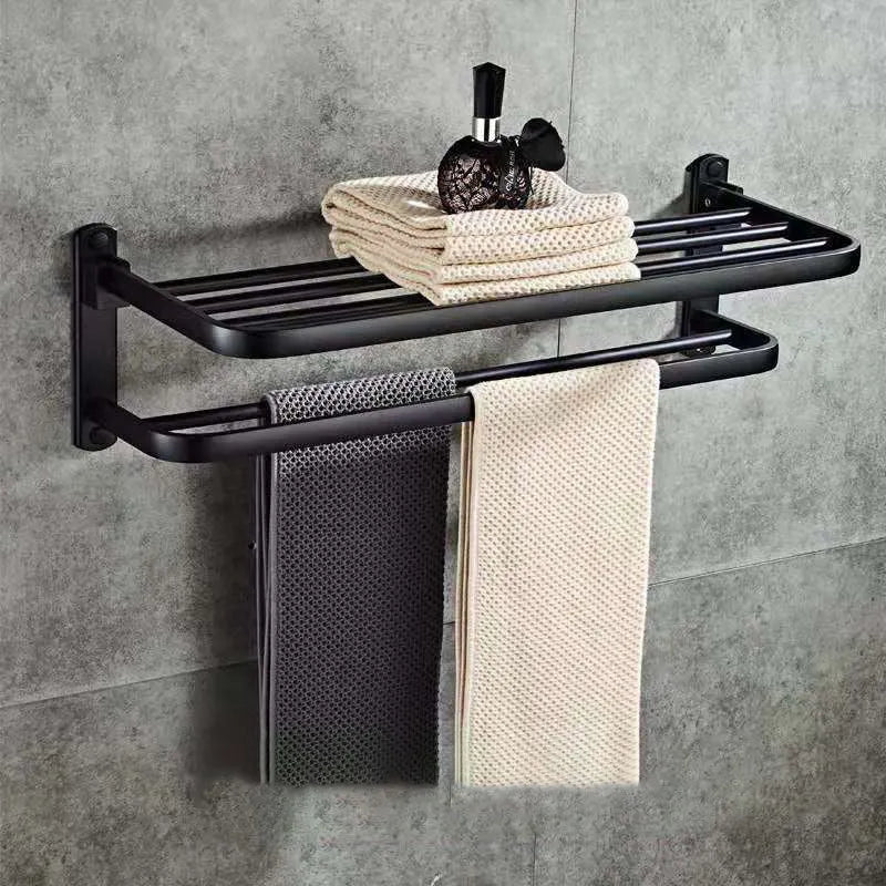 Silver anodised aluminium two-tier bathroom wall shelf with perforations