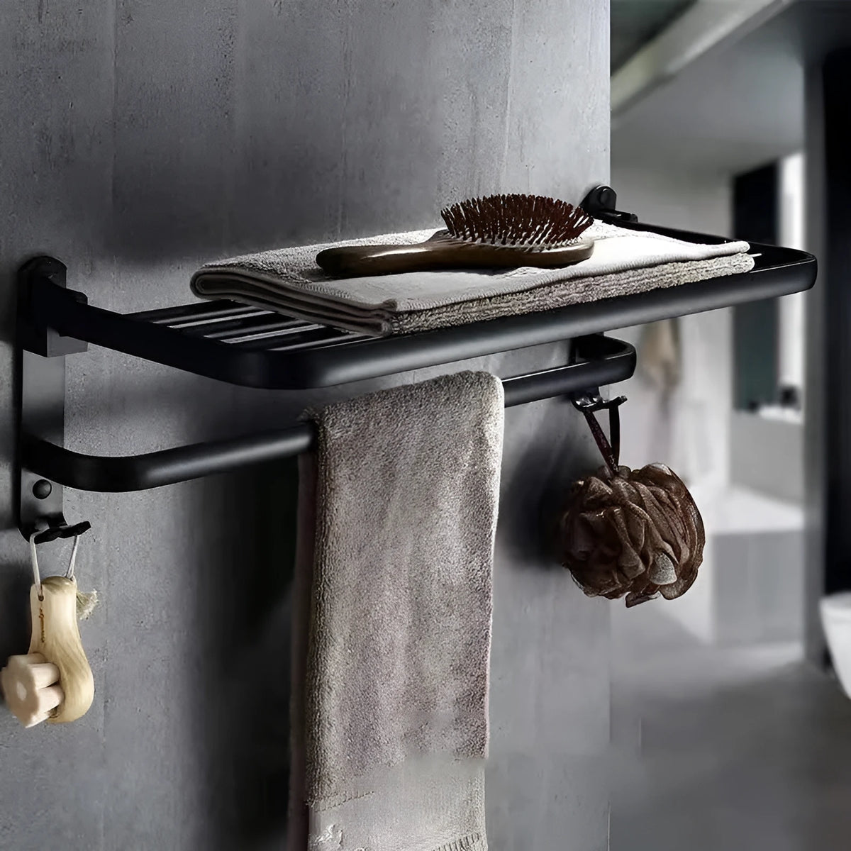 Silver anodised aluminium two-tier bathroom wall shelf with perforations