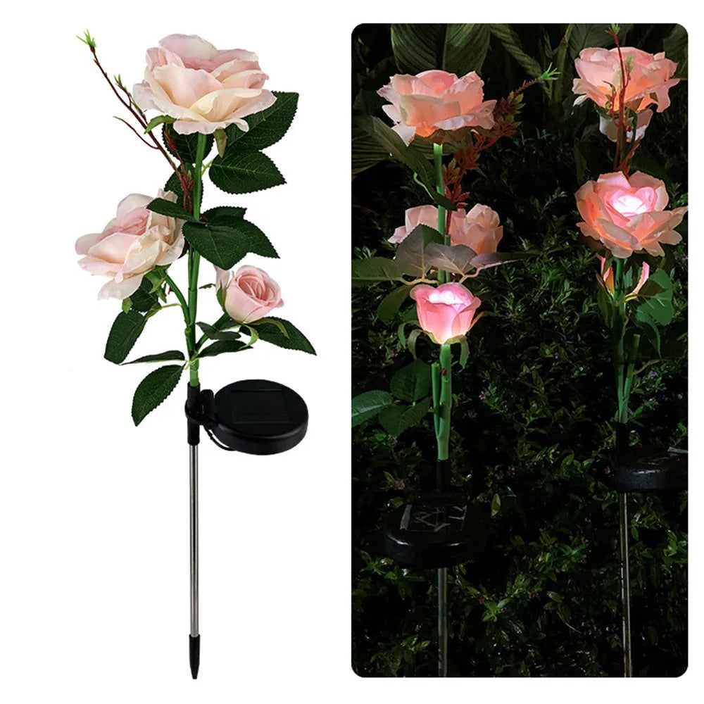Three-headed solar rose garden light with ground spike and white LED illumination