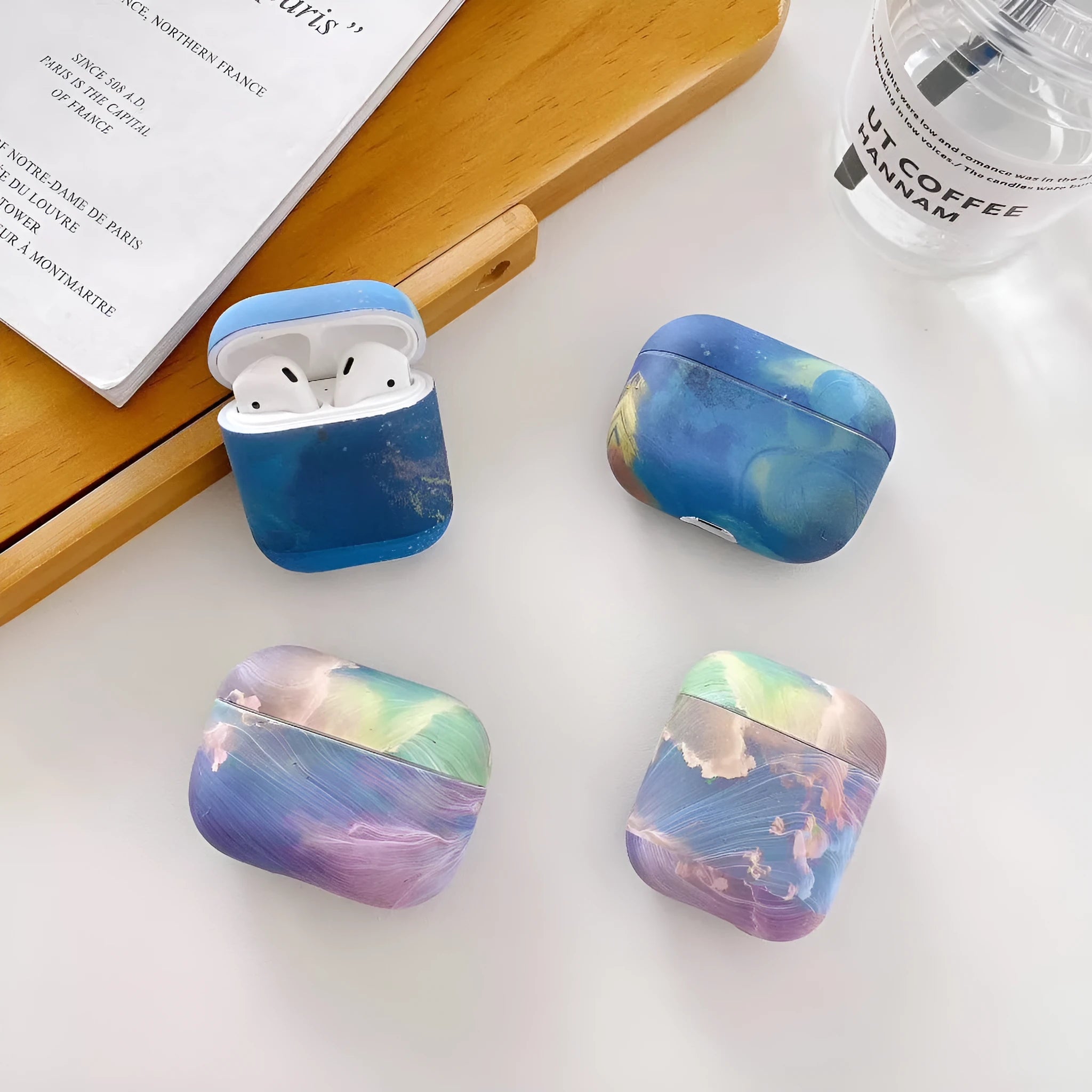 Pink and blue watercolour hard shell protective sleeves for Apple AirPods Pro, AirPods 1 and AirPods 2 earphones