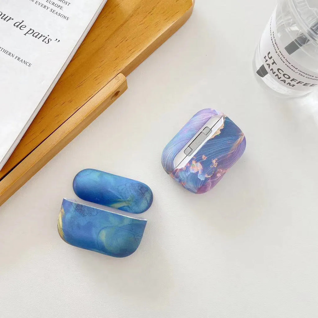 Pink and blue watercolour hard shell protective sleeves for Apple AirPods Pro, AirPods 1 and AirPods 2 earphones