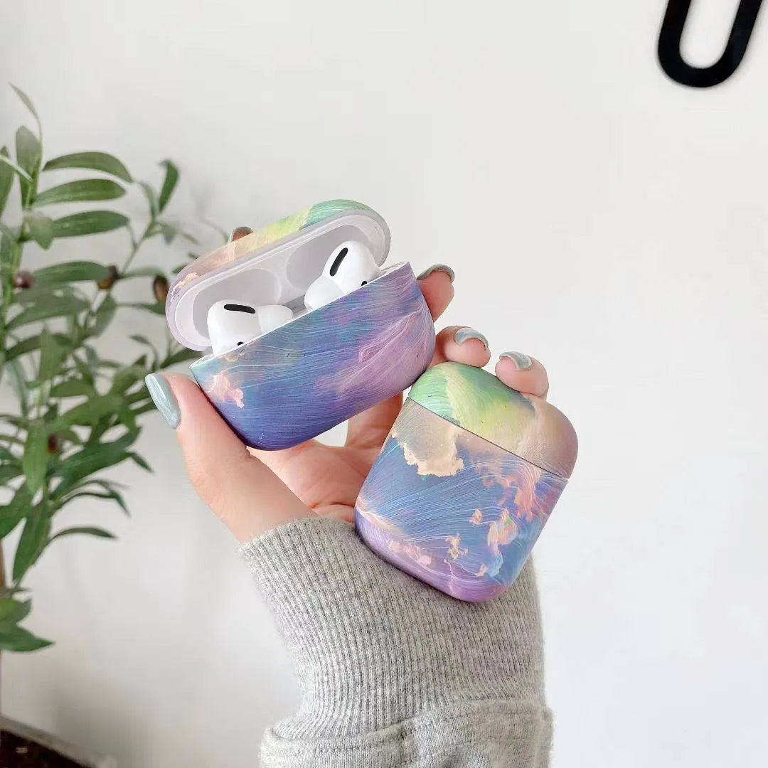 Pink and blue watercolour hard shell protective sleeves for Apple AirPods Pro, AirPods 1 and AirPods 2 earphones