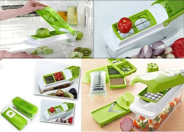 Green manual vegetable chopper with stainless steel blades and multiple cutting accessories on kitchen counter