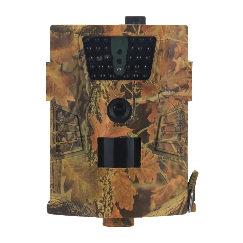 Orchard surveillance camera with compact design showing lens, IR LEDs, and belt mount attachment