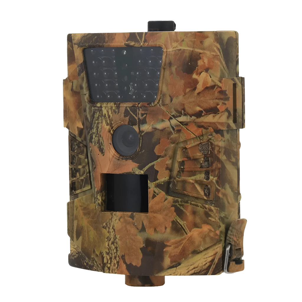Orchard surveillance camera with compact design showing lens, IR LEDs, and belt mount attachment