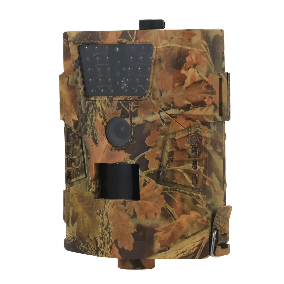 Orchard surveillance camera with compact design showing lens, IR LEDs, and belt mount attachment