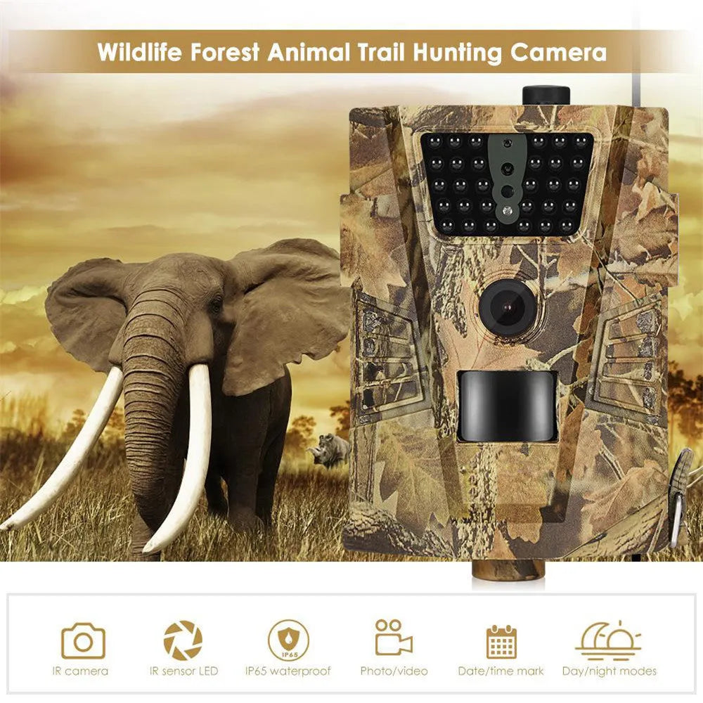 Orchard surveillance camera with compact design showing lens, IR LEDs, and belt mount attachment