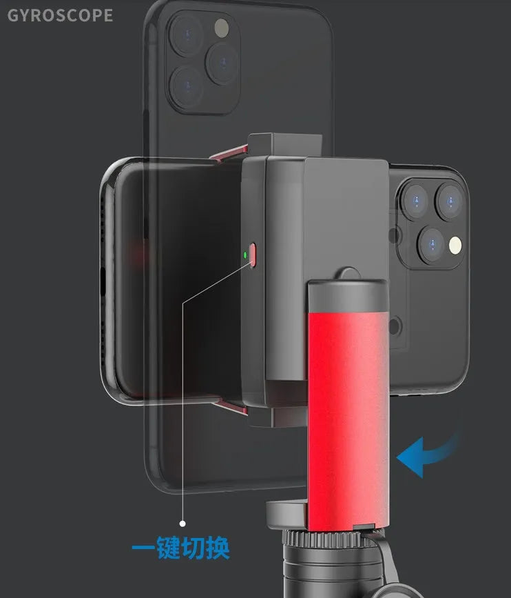 Black Red aluminium alloy self-timer tripod stabilizer extended next to an Apple iPhone for scale.