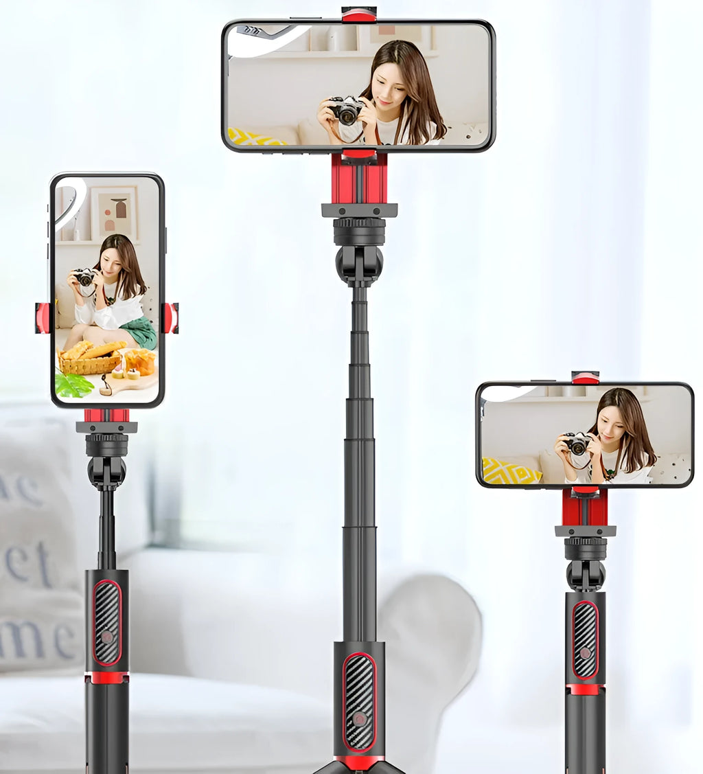 Black Red aluminium alloy self-timer tripod stabilizer extended next to an Apple iPhone for scale.