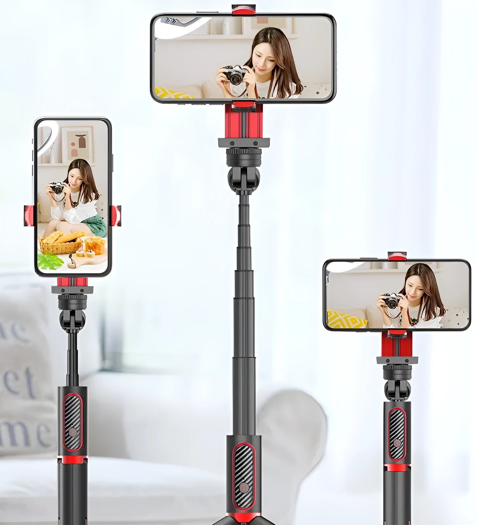 Black Red aluminium alloy self-timer tripod stabilizer extended next to an Apple iPhone for scale.