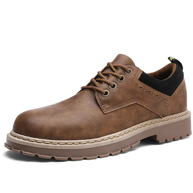Men's black casual tooling shoes with round toe and front-tie closure on rubber sole