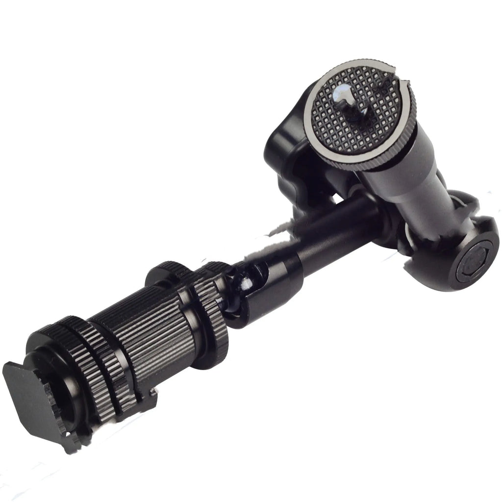 Black all-metal 7-inch magic friction arm for DSLR cameras with mounting attachments