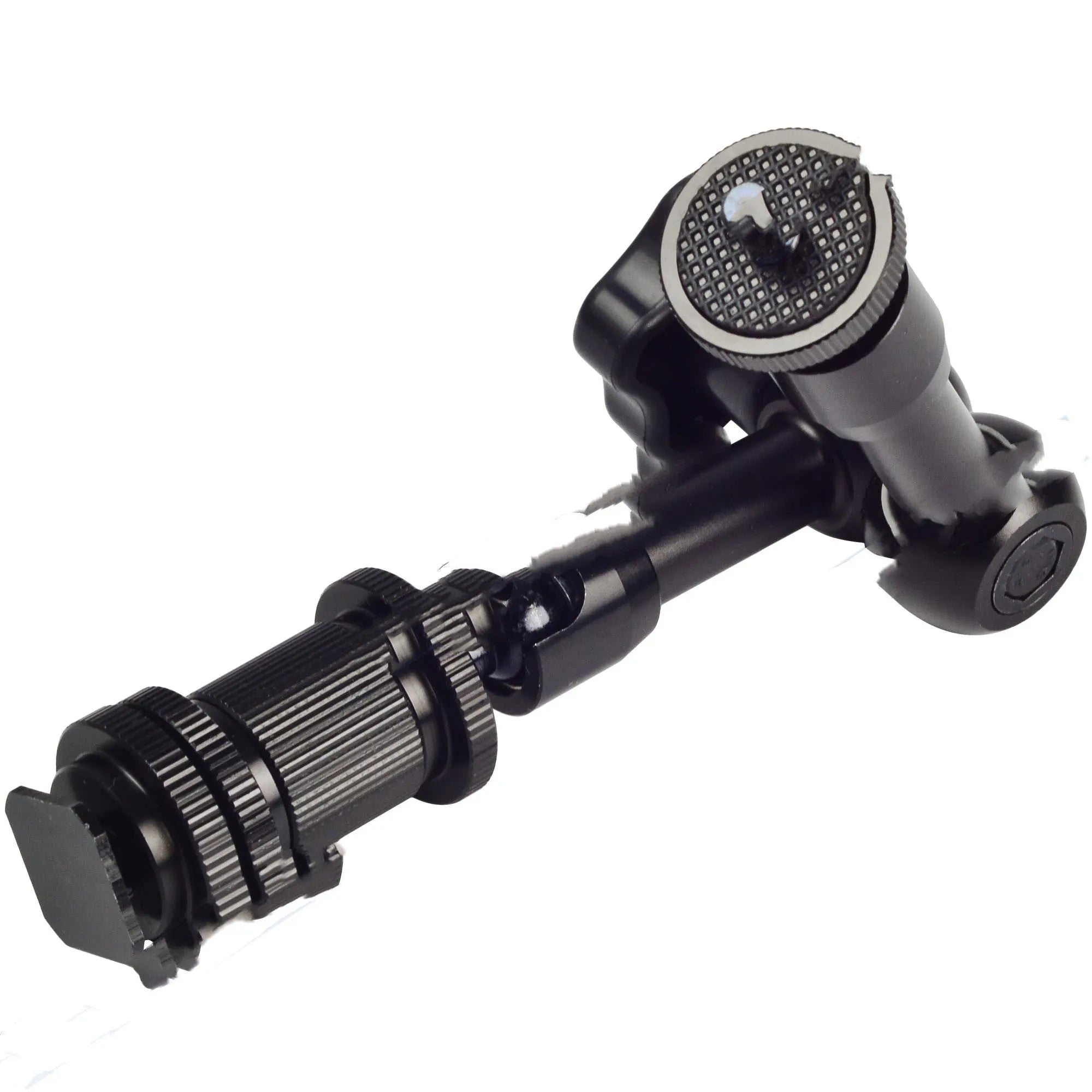 Black all-metal 7-inch magic friction arm for DSLR cameras with mounting attachments