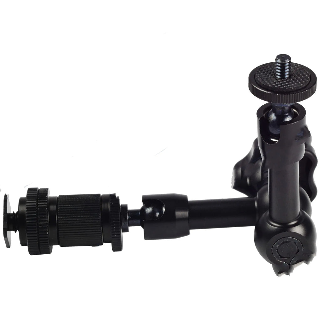 Black all-metal 7-inch magic friction arm for DSLR cameras with mounting attachments