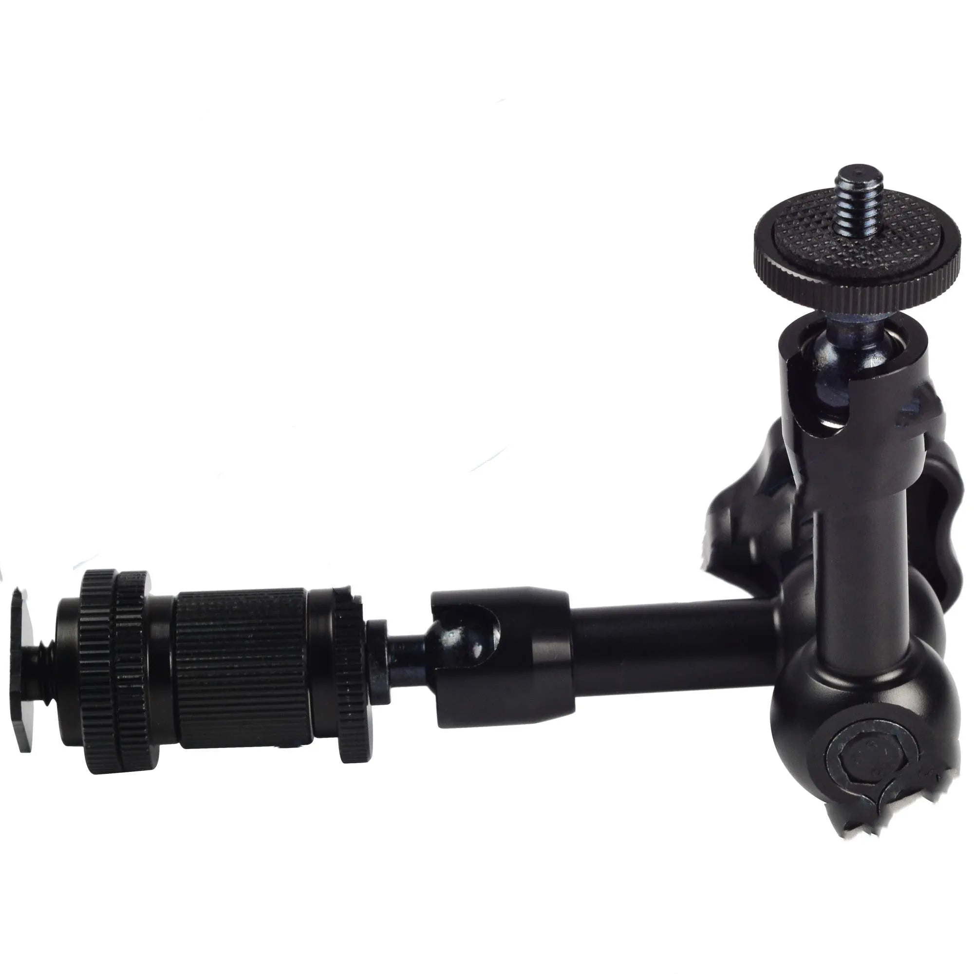 Black all-metal 7-inch magic friction arm for DSLR cameras with mounting attachments