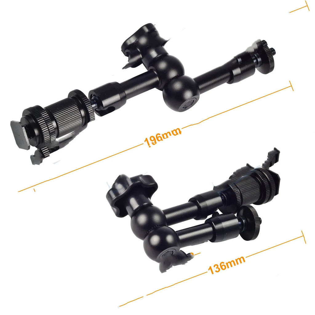 Black all-metal 7-inch magic friction arm for DSLR cameras with mounting attachments