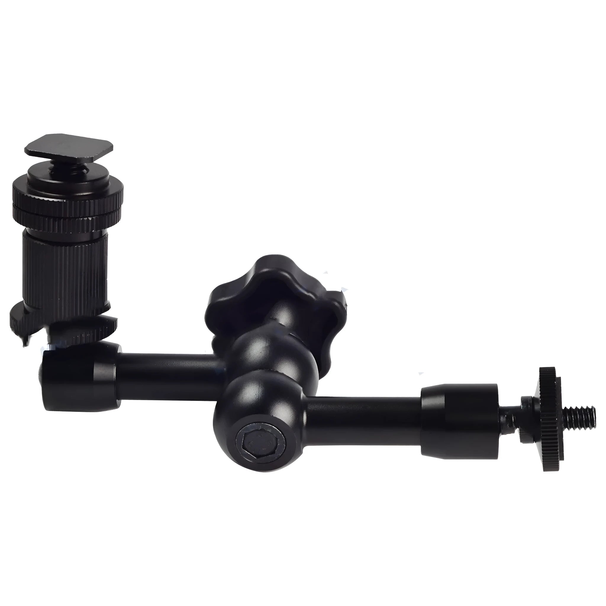 Black all-metal 7-inch magic friction arm for DSLR cameras with mounting attachments