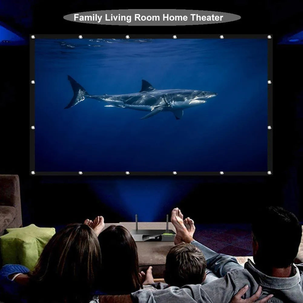 White polyester folding projector screen showing 150-inch diagonal measurement