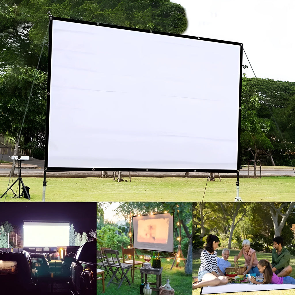 White polyester folding projector screen showing 150-inch diagonal measurement
