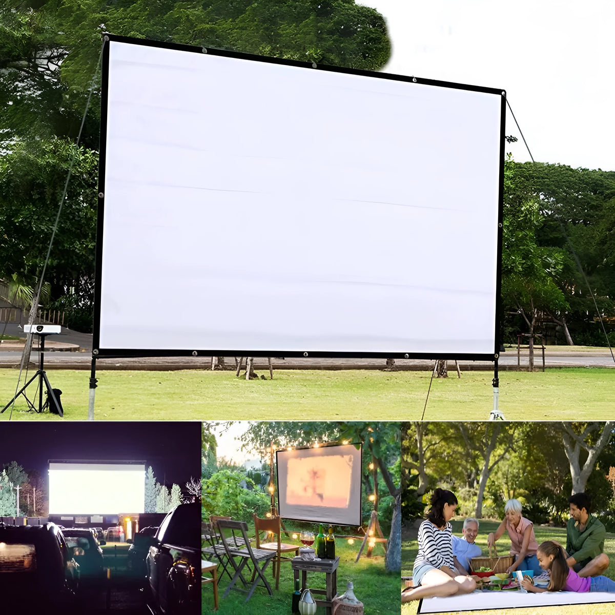 White polyester folding projector screen showing 150-inch diagonal measurement
