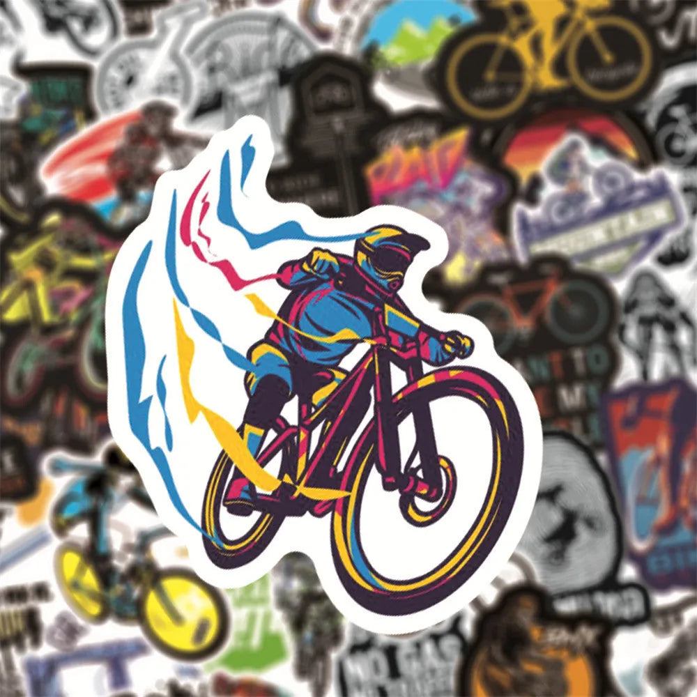 Pack of 50 bicycle and mountain bike doodle design vinyl stickers for notebook decoration