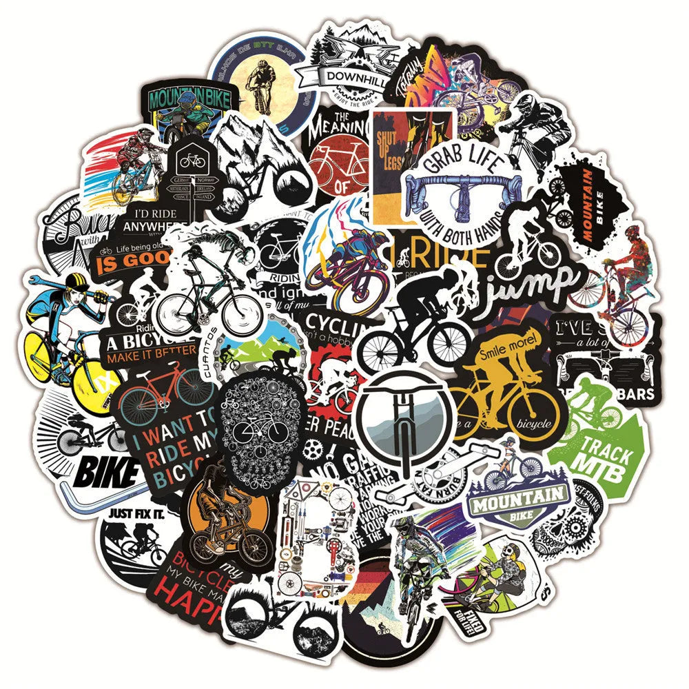 Pack of 50 bicycle and mountain bike doodle design vinyl stickers for notebook decoration
