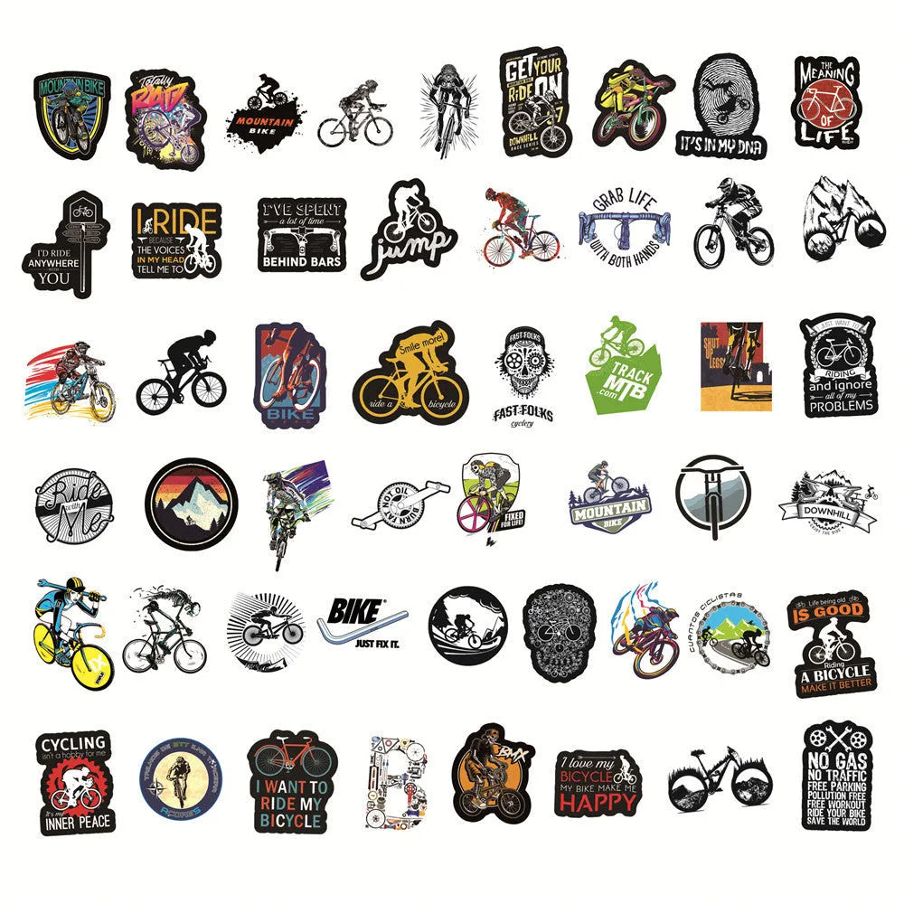 Pack of 50 bicycle and mountain bike doodle design vinyl stickers for notebook decoration