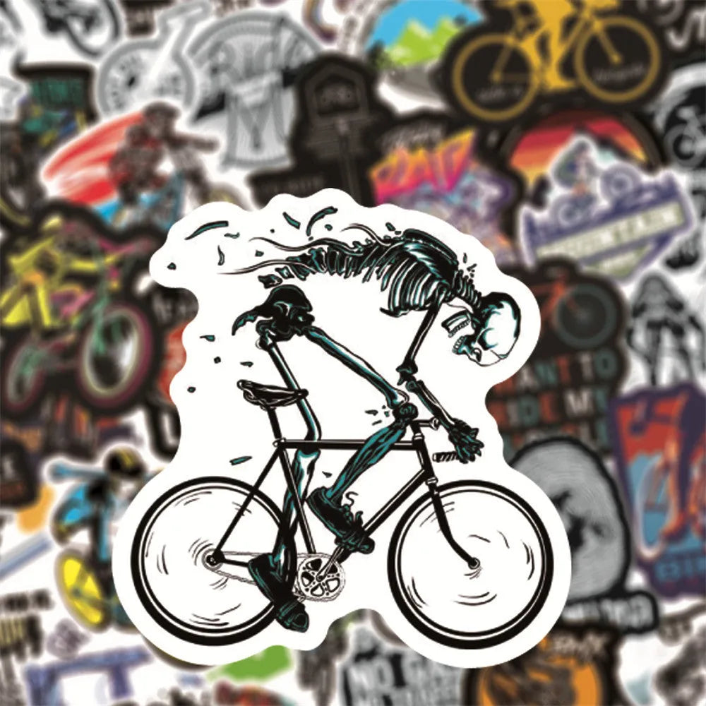 Pack of 50 bicycle and mountain bike doodle design vinyl stickers for notebook decoration