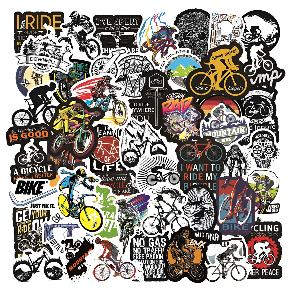 Pack of 50 bicycle and mountain bike doodle design vinyl stickers for notebook decoration