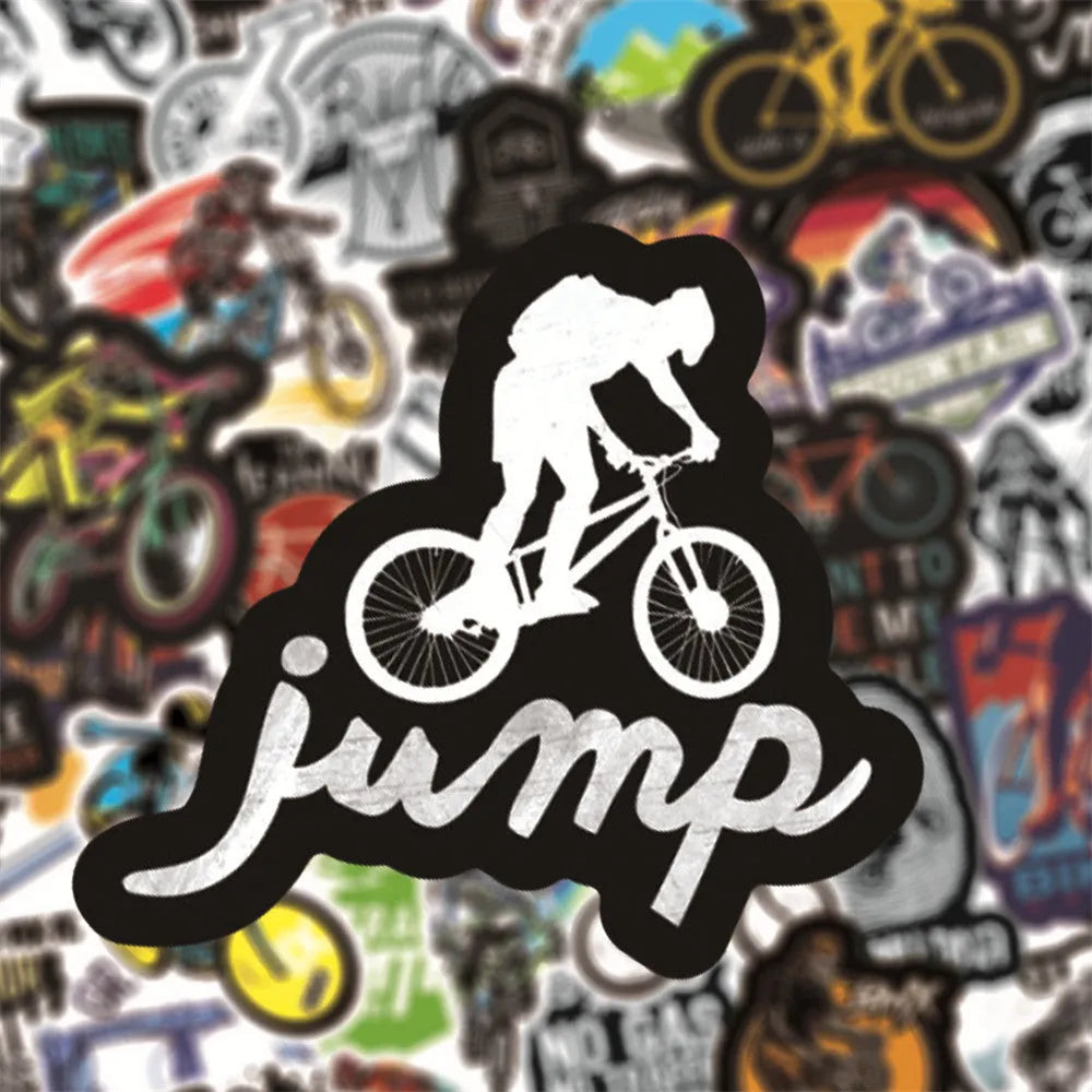 Pack of 50 bicycle and mountain bike doodle design vinyl stickers for notebook decoration