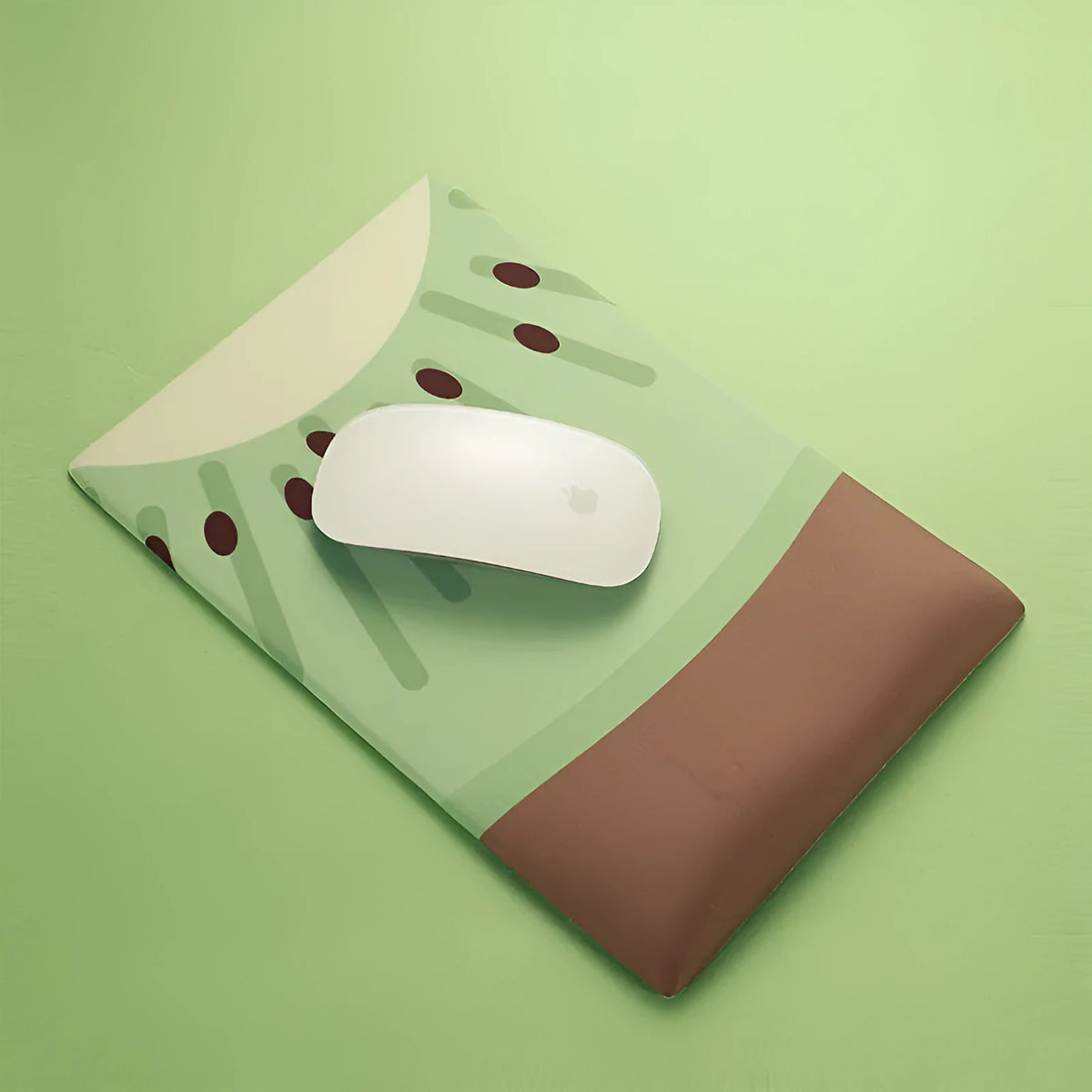 Kiwi shaped mouse pad with wrist support, measuring 270mm by 180mm with 20mm thickness
