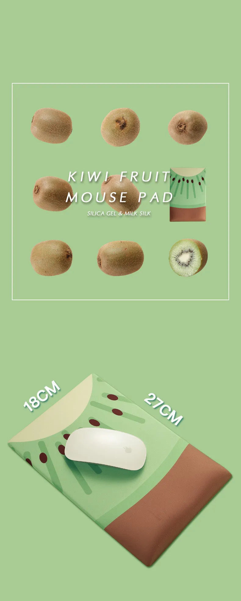 Kiwi shaped mouse pad with wrist support, measuring 270mm by 180mm with 20mm thickness