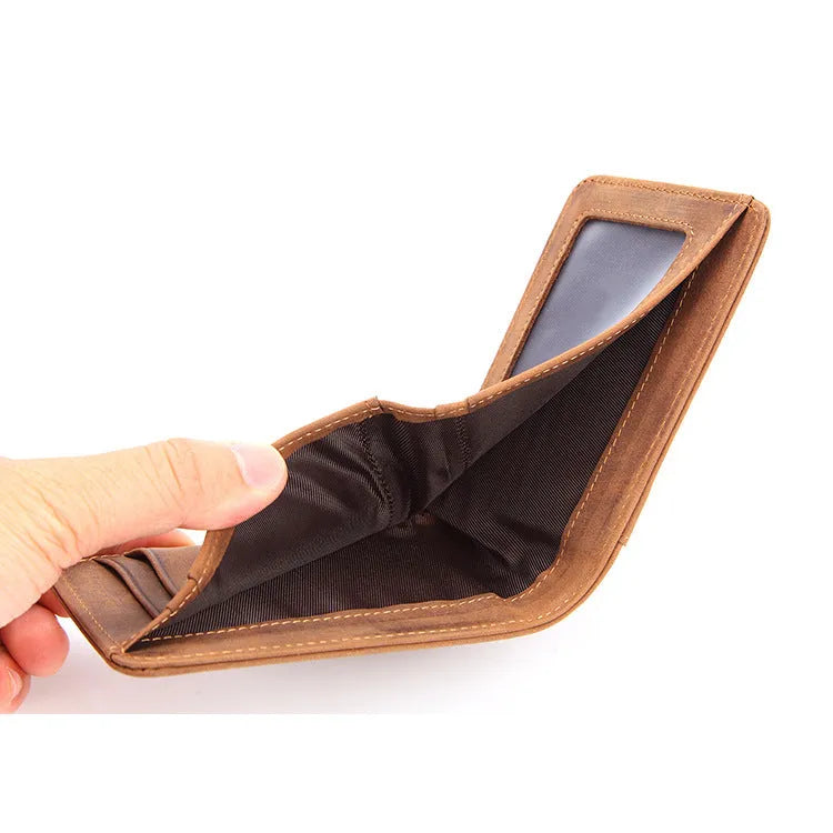 Compact brown RFID men's leather wallet showing card slots and paper money compartment