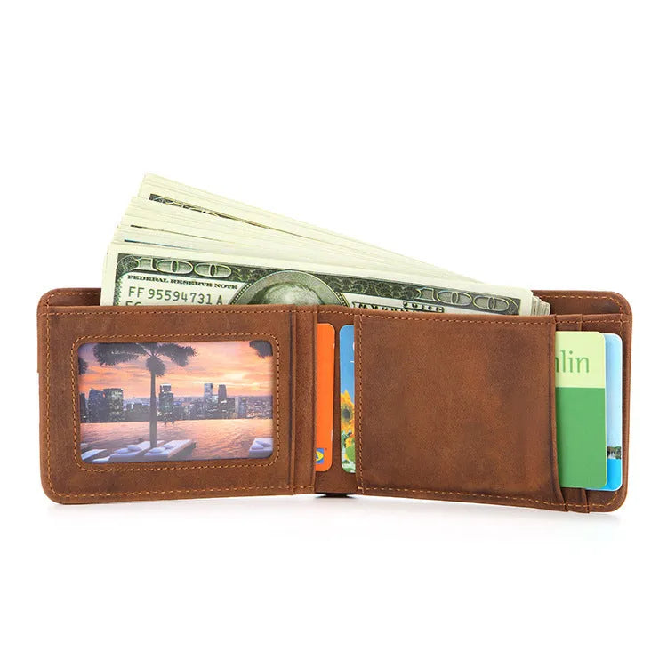 Compact brown RFID men's leather wallet showing card slots and paper money compartment