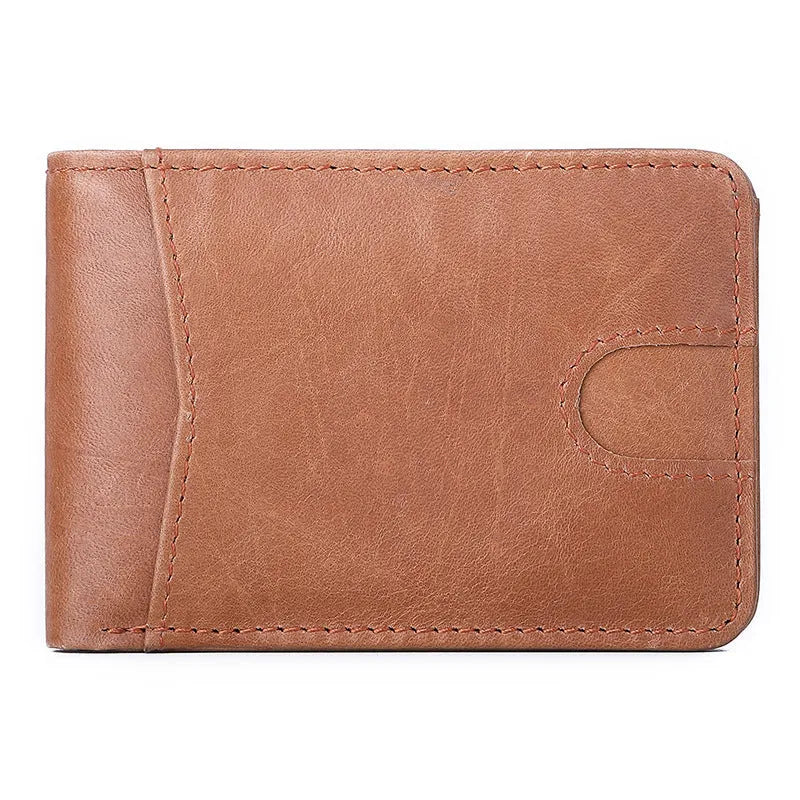 Compact brown RFID men's leather wallet showing card slots and paper money compartment