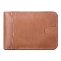 Compact brown RFID men's leather wallet showing card slots and paper money compartment