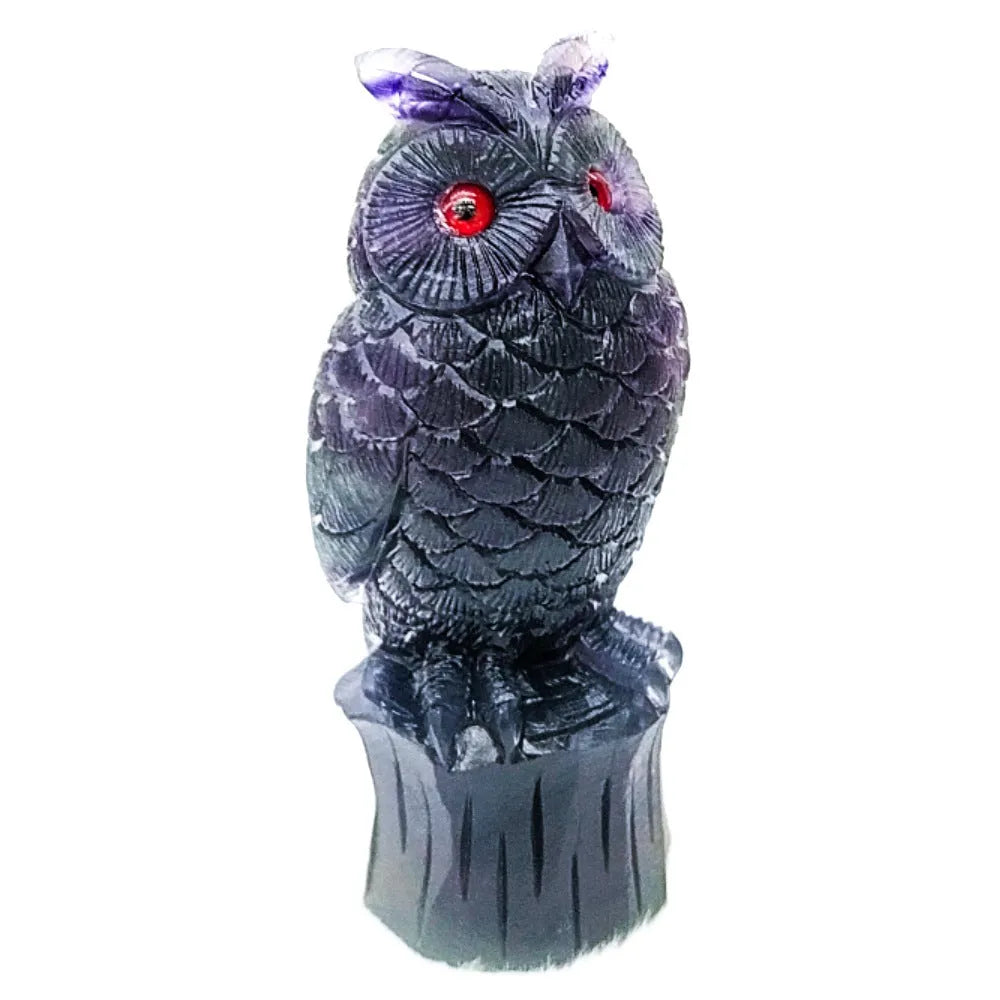 Purple fluorite carved owl ornament measuring approximately 4 inches tall