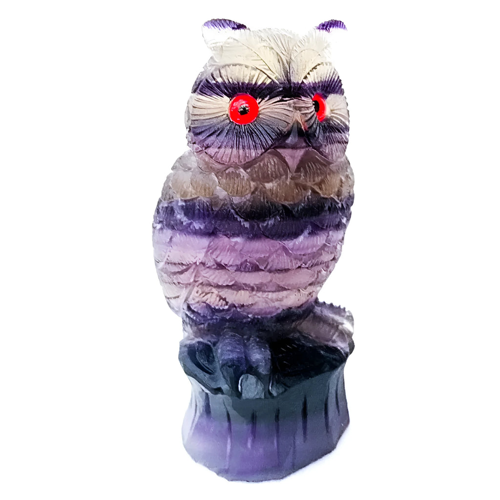 Purple fluorite carved owl ornament measuring approximately 4 inches tall
