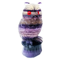 Purple fluorite carved owl ornament measuring approximately 4 inches tall