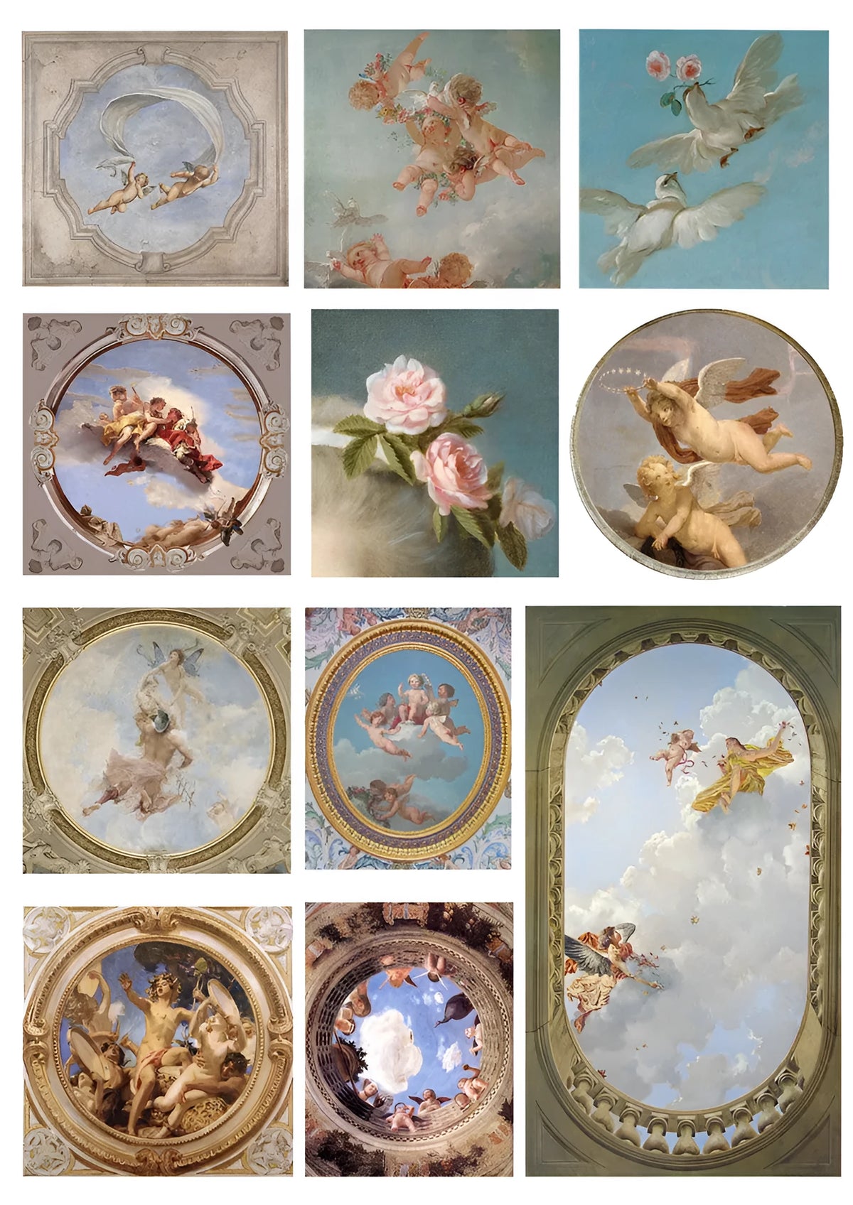 Set of 11 European angel mural character sticker sheets in photo colour, sizes ranging from 4cm to 9cm.