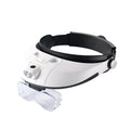 LED headband magnifier with adjustable strap and five acrylic lenses on a table
