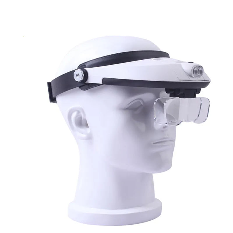 LED headband magnifier with adjustable strap and five acrylic lenses on a table