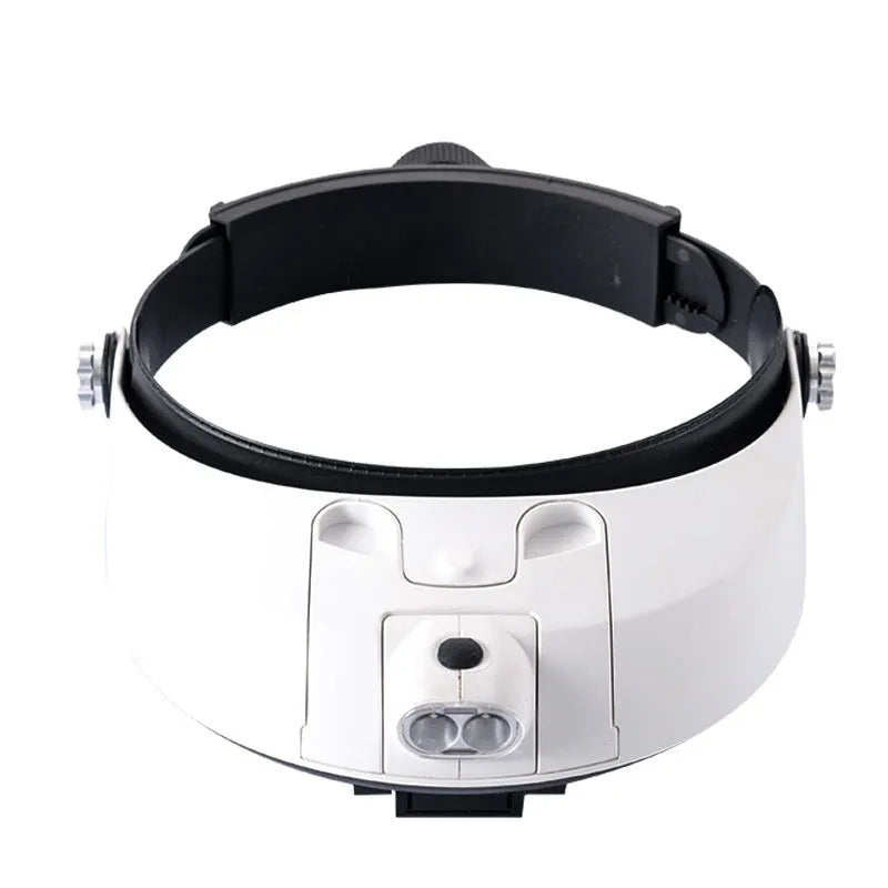 LED headband magnifier with adjustable strap and five acrylic lenses on a table